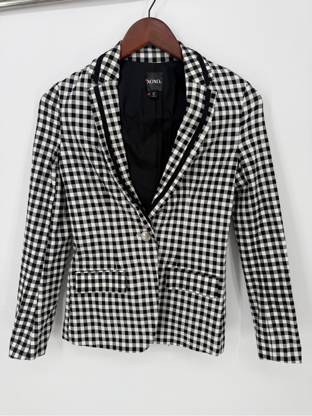 XOXO Black & White Gingham Single-Button Blazer